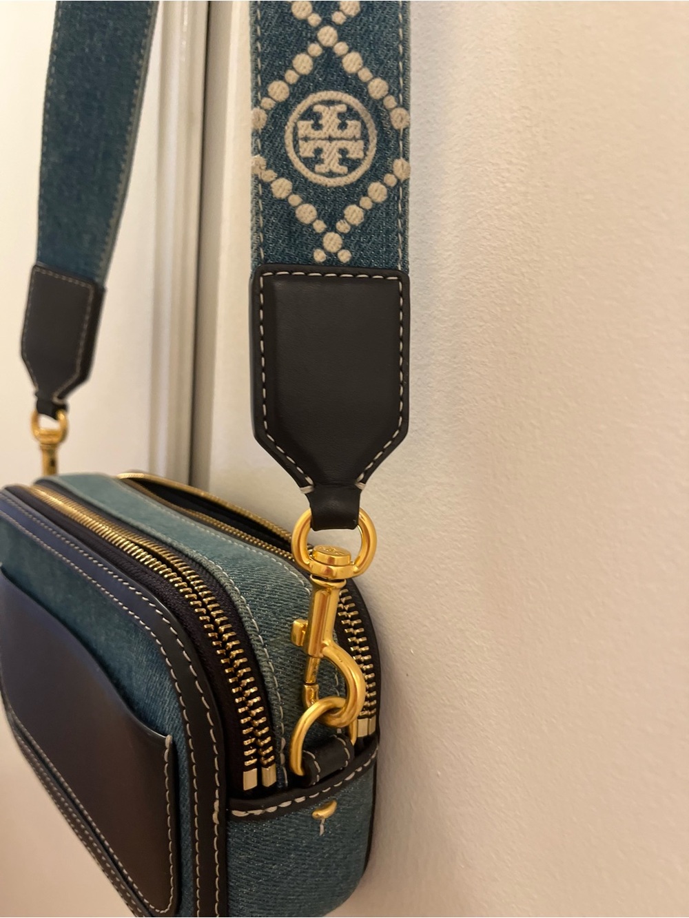 Tory Burch Mini Miller Denim Crossbody Bag Navy Leather Trim Logo Strap - Picture 5 of 12